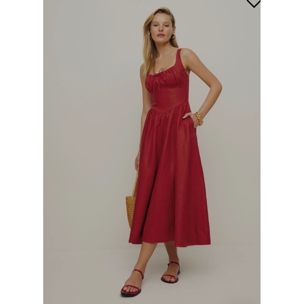 Reformation Balia Linen Dress Sundried Tomato Red Midi Ruched Bust Size 8 NEW - Picture 3 of 7